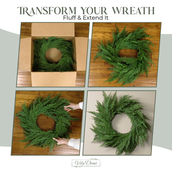 Vita Domi 30" Faux Cedar Wreath, Christmas Wreaths for Front Door Outside, Green Wreath Christmas, Window Wreaths, Real Touch Norfolk Pine Wreath, Evergreen Wreath, Large Christmas Wreath w/ 128 Tips
